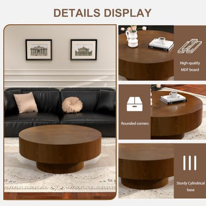 Brown Round Drum Coffee Table with Pedestal Base | 30.5'' Modern Wooden Drum Center Table, Brown Wood Finish Drum Shape, Wooden Structure, For Living Room & Apartment - color: Brown