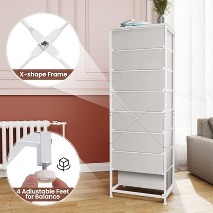 Fabric Dresser for Bedroom, 8 Drawer Tall Vertical Skinny Tower (White) | Wooden Top, Steel Frame, Easy Pull Bin,Organizer Unit for Living Room, Hallway, Entryway, Nursery, Closets - color: White, style: Narrow-8 Drawers