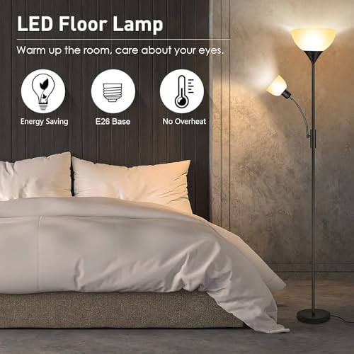 Floor Lamp, Standing Lamp, Torchiere Floor Lamp with Adjustable Reading Lamp, 71" Tall Pole Lamps, 3 Way Switch, Plastic Lampshade, Corner Floor Lamps for Living Room, Bedroom(E26 Base, No Bulb)-Black - color: Black Floor Lamp(No Bulb)
