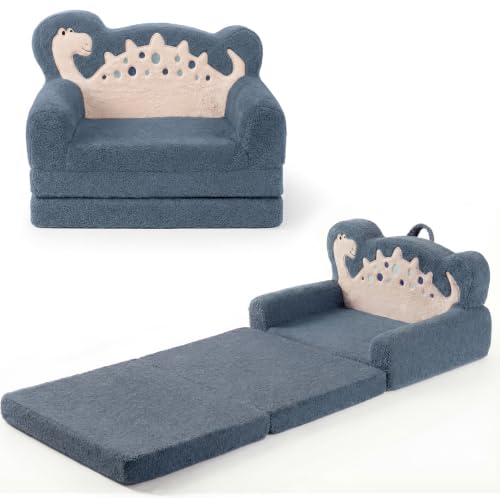 Blissful Diary Kids Couch, 2-in-1 Soft Fold Out Kids Couch, Kids Sofa Chair, Comfy Kids Furniture for Playroom, Reading & Play, Blue Dinosaur - color: Dinosaur Blue