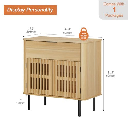 WAMPAT 31.5" W Fluted TV Stand with Storage for Living Room up to 43" TVs | Wood Entertainment Center, Pop-up Doors & Drawer, Mid Century Modern TV Media Console, Cable Management, Bedroom, Oak