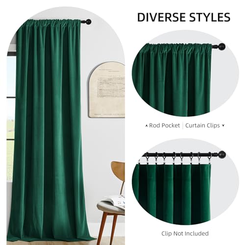 Joydeco Dark Green Velvet Curtains 63 inch Length 2 Panels Burg Set, Luxury Rod Pocket Thermal Insulated Window Blackout Curtain, Room Darkening Drapes for Living Dining Room Bedroom Privacy - color: Rod Pocket | Dark Green, size: 52"W x 63"L (Pack of 2)