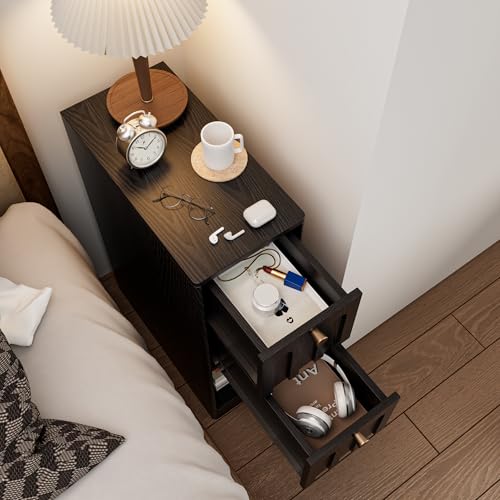 Black Small Nightstand Set of 2, Narrow Bedside Table with Arched Drawer, Wood Nightstand, Skinny Side End Table, Mid Century Modern Night Stand for Bedroom, Small Spaces, Slim, Boho - color: Z03-black-2 Pcs