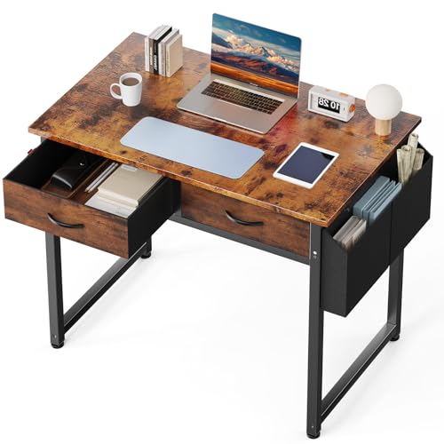 DUMOS 32" Home Office Computer Desk with Drawers, Small Gaming Writing Study Table with Storage Side Bag, Headphone Hook and Adjustable Feet for Bedroom Rustic Brown | Small Writing Desk for Home Office with Headphone Hook, Compact Study Table for Bedroom