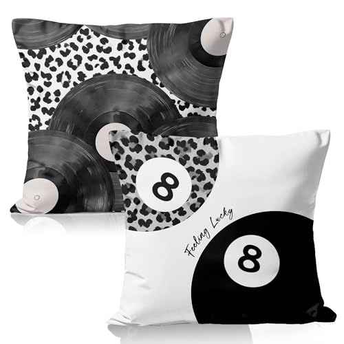 Trendy Black and White Leopard Print Vinyl Record Lucky 8 Ball Pillow Covers 18x18 Double-Sided, Funky Y2K Music Decorative Throw Pillow Covers Cases for Girls Room Dorm Apartment, Set of 2 - color: 18color
