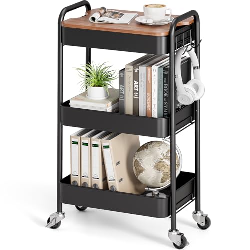 TOOLF 3 Tier Rolling Cart, Metal Utility Storage Cart with Wheels, Black | Wooden Tabletop, 3 Hooks, Screwless Assembly, Lockable Wheels, Organizer for Bathroom, Kitchen, Office, Dorm, Craft Room - color: Black