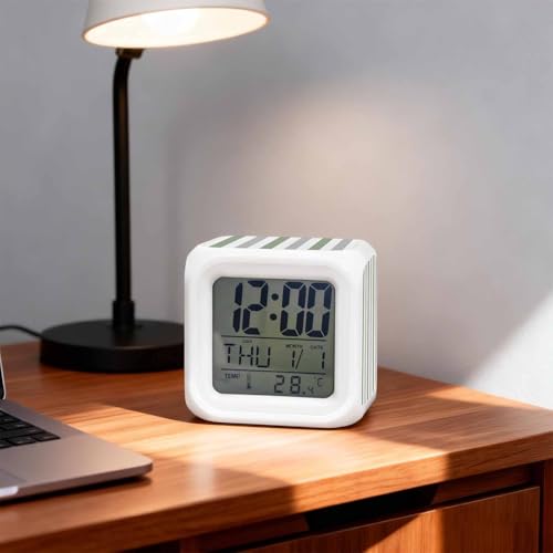 Digital Alarm Clocks for Bedroom,Watercolor Sage Green Grey Stripes Cube Alarm Clock with Snooze and Nightlight Classic Minimalist Art Silent Office Desk Clock Time/Date/Temperature Display - color: Green