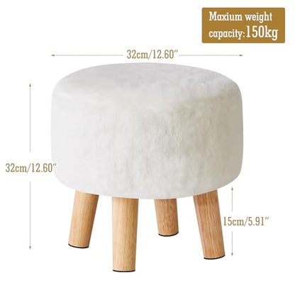 YMYNY Round Pouf Ottoman, 12.6" Small Foot Stool, White HBD035W | Faux Fur, Wood Legs, Foot Rest for Couch, Modern Boho for Living Room Bedroom Office - color: White