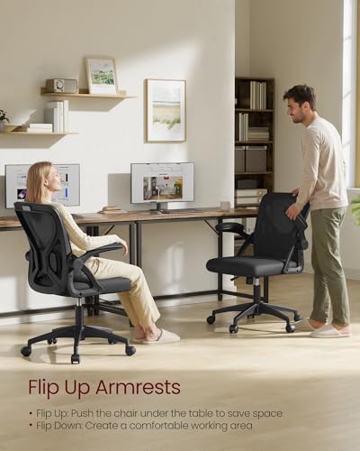 VASAGLE Office Chair, Ergonomic Mesh with Adjustable Lumbar Support | Computer desk chair with 90-105° tilt function, wide seat, flip-up armrests, Ink Black UOBN045BH01S - color: Ink Black, size: Set of 1, style: Office Chair Without Headrest