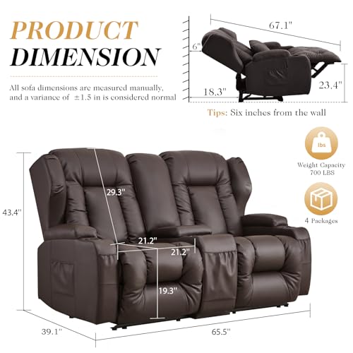 Loveseat Recliner Sofa,RV Wall Hugger Recliners with Console,Reclining Loveseat Sofa Recliner with Cup Holders/Lumbar Pillows for Small Spaces,RV Furniture (Brown,66" 2-Seater) - color: Brown, size: 66" 2-Seater