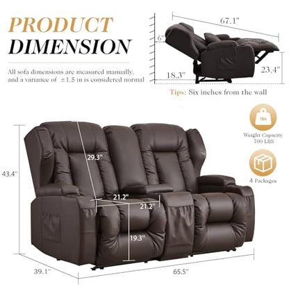 Loveseat Recliner Sofa,RV Wall Hugger Recliners with Console,Reclining Loveseat Sofa Recliner with Cup Holders/Lumbar Pillows for Small Spaces,RV Furniture (Brown,66" 2-Seater) - color: Brown, size: 66" 2-Seater