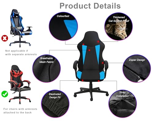 Gaming Chair Covers Only,Stretchable Fit Thick Breathable Mesh | Cat Scratch Proof,Scratch Resistant,Soft,Gaming Chair Seat Cover with 2Pcs Armrest Slipcovers(Black-blue,Style 1) - color: Black-blue, size: Style 1