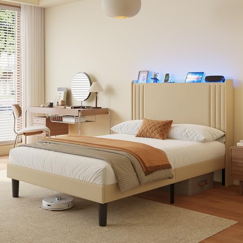Gizoon Full Bed Frame with Charging Station and LED Lights | Upholstered Wingback Platform Bed with Padded Headboard,Wooden Slats,Noise-Free,No Box Spring Needed, Easy Assembly,Beige - color: Beige+led, size: Full