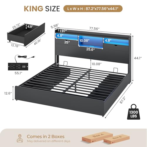 DICTAC King Bed Frame with Storage Headboard and 4 Underneath Drawers, Black Platform Bed King Size with LED Lights and Charging Station, Heavy-Duty Metal Slats, No Box Spring Needed, Quiet & Sturdy - color: Classic Black, size: King