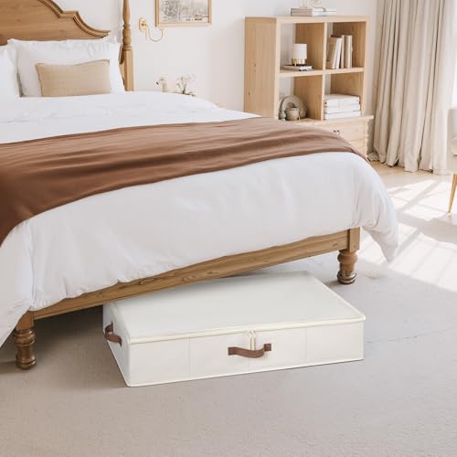 StorageWorks 6 Inch Low Profile Under Bed Clothes Storage Bins with Lids | Reinforced Structure, Resists Sagging, Handles & Label Holder, Foldable Stackable Closet Storage for Clothes, Blankets, Toys - color: Beige, size: 33"L × 17"W × 6"H