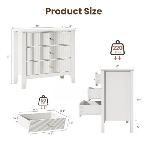 Upgraded Wide & Tall Fluted Nightstand for Bedroom, 32" Extra Wide Modern Bedside Table with Charging Station, Curved Profile Design Drawers, End Table with Metal Handles for Living Room, Entryway - size: 3 drawers-1pc