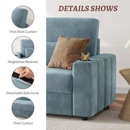 COPIAE Loveseat Sofa, Larger Couch Velvet Fabric with Storage, Charging Ports, Heightened Backrests, Removable Cover Modern Comfy Couches Easy Assembly for Living Room, 88 Inch Blue - color: Blue