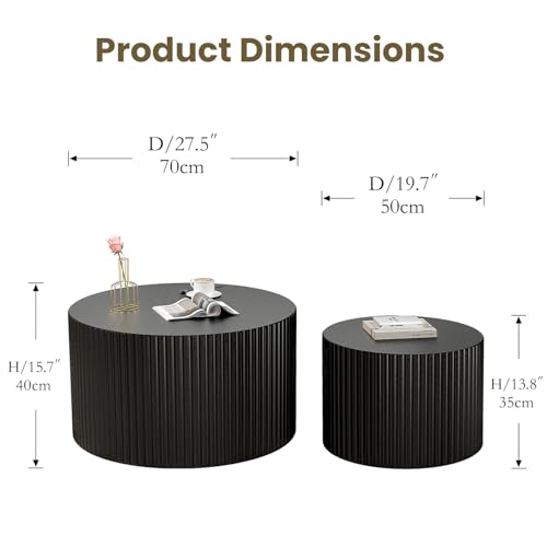 Round Nesting Coffee Table Set of 2, Black | Mid Century Modern Fluted End Table Set,Small Circle Wooden Side Table Drum Table for Living Room Bedroom Apartment - color: Black 27.5"
