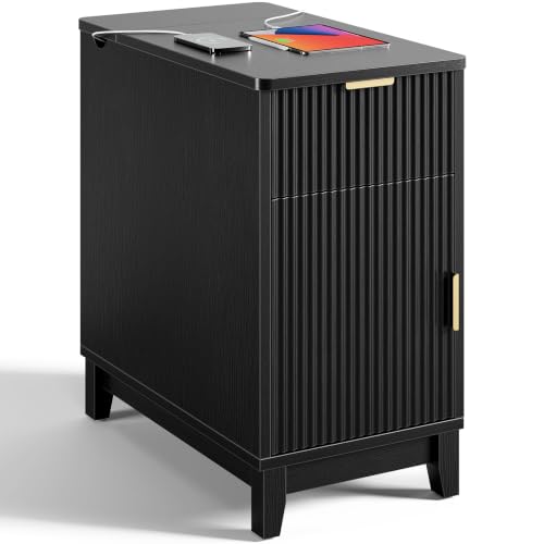 Yoobure End Table with Charging Station - Narrow Side Table for Living Room, Fluted Night Stand with Drawer and Storage Cabinet, Wood Nightstand with Adjustable Shelf for Bedroom Small Spaces, Black - color: Black