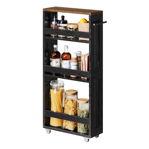 VASAGLE 4-Tier Slide-Out Storage Cart, Slim Kitchen Cart for Small Spaces, with Wheels, Handle, Bathroom, Laundry Room, 5.9 x 17 x 34.1 Inches, Ebony Black and Rustic Brown ULRC050K02 - color: Ebony Black + Rustic Brown, size: 5.9"D