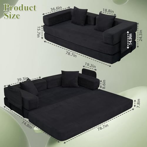 79" Boneless Sofa Bed, 5-in-1 Convertible Fold Out Corduroy Couch for 2 | Loveseat Sleeper with Fixed Support Frame, No Assembly Floor Sofa for Small Apartments, Living Room, Bedroom - color: Black