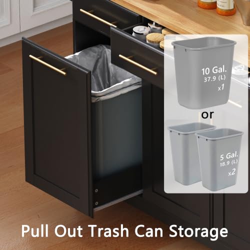 Kitchen Island with Trash Can Storage & Pull-Out Trays | Solid Rubberwood Countertop Kitchen Island on Wheels, Drop Leaf, Power Outlet, 3 Drawers - color: Black