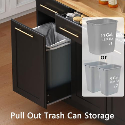 Kitchen Island with Trash Can Storage & Pull-Out Trays | Solid Rubberwood Countertop Kitchen Island on Wheels, Drop Leaf, Power Outlet, 3 Drawers - color: Black