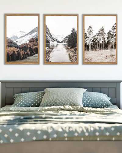 UPWOIGH Mountain Landscape Framed Wall Art, 16 x 24 Inch, Set of 3 | Mountain, Lake and Pine Tree Photography Prints, Soft Neutral Tones, Light Wood Frames for Bedroom, Office and Living Room - color: Grey Mountain, size: 24"L x 16"W