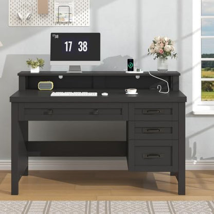 47" Farmhouse Computer Desk with Drawers & Outlets for Home Office, Bedroom | Executive Desk with Power Outlets, Home Office Desk with Monitor Stand & Drawers, Small Desk Writing Study Table, Black - color: Black