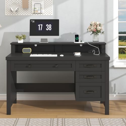 47" Farmhouse Computer Desk with Drawers & Outlets for Home Office, Bedroom | Executive Desk with Power Outlets, Home Office Desk with Monitor Stand & Drawers, Small Desk Writing Study Table, Black - color: Black
