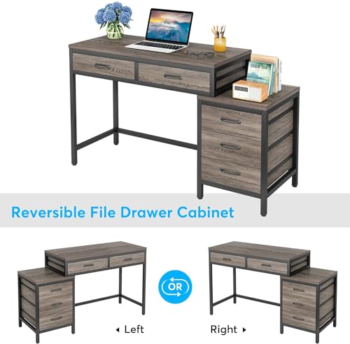 Tribesigns Computer Desk with 5 Drawers, Reversible Home Office Desks | Small Desk with Drawer Cabinet Printer Stand, PC Desk with Storage, Grey Study Writing Table Workstation for Small Spaces - color: Grey