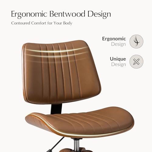 HULALA HOME Faux Leather Home Office Desk Chair No Wheels, Camel | Mid-Century Modern Desk Chair with Wood Legs, 360° Swivel Computer Task Chair with Channel-Tufted Backrest, Height Adjustable - color: Camel