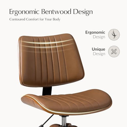 HULALA HOME Faux Leather Home Office Desk Chair No Wheels, Camel | Mid-Century Modern Desk Chair with Wood Legs, 360° Swivel Computer Task Chair with Channel-Tufted Backrest, Height Adjustable - color: Camel
