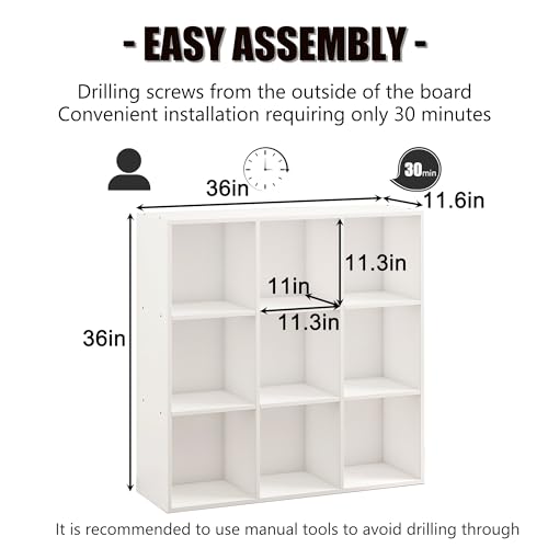 Wooden 9 Cube Storage Organizer with Closed Back Panel,White Cube Shelf Cubby Storage Organizer with Compartments for Living,Bookshelf, Easy to Install (White, 9 Cube-11in) - color: White, size: 9 Cube-11in