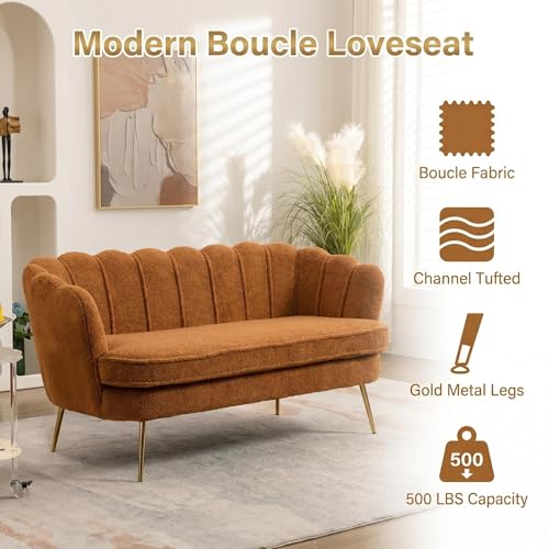 Modern Boucle Loveseat Couch,Futon Small Sofa with Gold Metal Legs | 2-Seater Upholstered Mini Sofa Couches for Small Space,Living Room Bedroom Office Dorm Studio Apartment Love Seat Couche - color: Brown