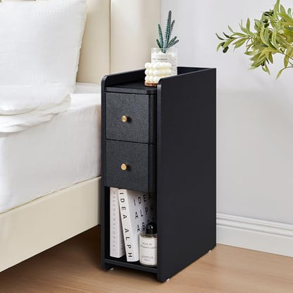 Narrow Nightstand Set of 2, Wooden Small 2 Drawer Nightstand, Slim Side End Table, Skinny Bedside Table, Mid Century Modern Night Stand with Drawers for Bedroom (Black-1 pc) - color: Black-1 Pc