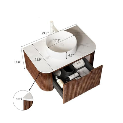 30” Floating Bathroom Vanity with Sink, Fluted Wall-Mounted Solid Wood Cabinet, White Ceramic Round Basin, Faux Marble Top, Soft-Close Drawer, Pre-Assembled, Walnut Woodgrain - color: 04 - Walnut Woodgrain, size: 30"