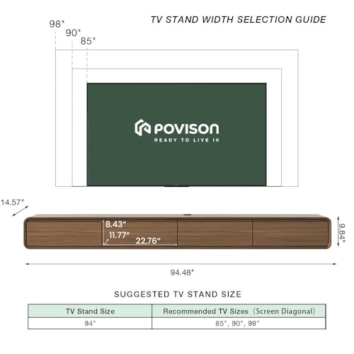 POVISON Fully-Assembled Minimalist Floating TV Stand with LED Lights, Modern Wall-Mounted Media Console with 4 Drawers for 85 Inch TV, Walnut Veneer, 94" - color: Walnut, size: 94.49"
