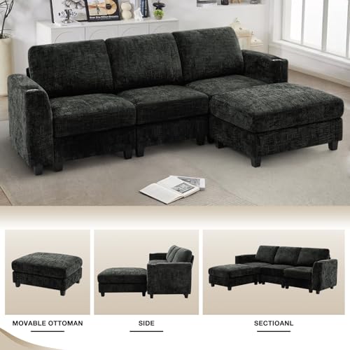 87" Chenille 3 Seater Couch with Soft Ottoman, Black | L-Shape Sectional Sofa with Durable Cup Holders, Upholstered Sofa with Comfy Backrests for Living Room, House - color: Black, size: 87" L-Shape