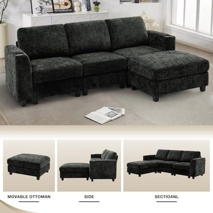 87" Chenille 3 Seater Couch with Soft Ottoman, Black | L-Shape Sectional Sofa with Durable Cup Holders, Upholstered Sofa with Comfy Backrests for Living Room, House - color: Black, size: 87" L-Shape