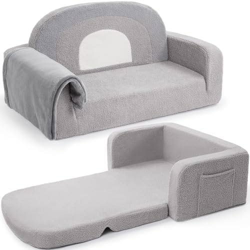 Foryoomi Extra Wide Kids Couch, 2-in-1 Soft Toddler Couch with Blanket, Comfy Toddler Chair, Convertible Sofa with Cute Rainbow Design, Grey - color: Grey Rainbow