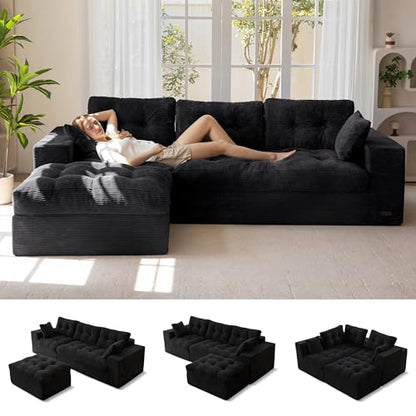 MAXYOYO Boneless Couch, 104-Inch L-Shaped Cloud Couch with Ottoman | Black Upholstered Sofa Features Layered Cushions and Flexible Modules with No Assembly, Ideal for Modern Living Rooms. - color: Black, size: 104" L Shape