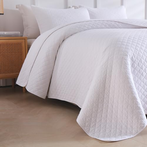 Wistown Cotton Queen Bedpread Quilt Bedding Set, White | 3 Pieces Reversible Lightweight Soft Coverlets Comforters, All Seasons, Diamond Stitching Pattern - color: White Diamond Pattern, size: Queen (90 by 98inch)