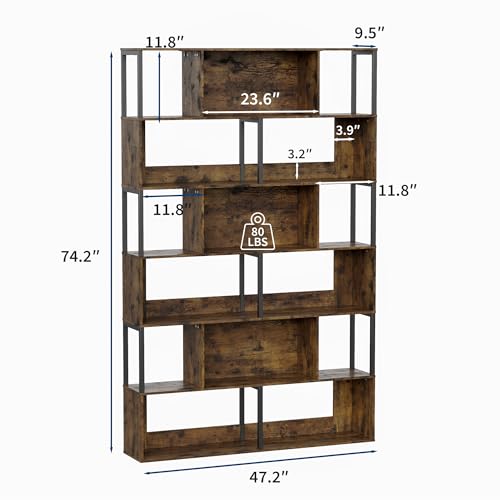Garvee 6-Tier Bookshelf, Tall Geometric Bookcase, Modern Room Divider & Display Shelf with Anti-Tipping Devices, Mid Century Bookshelf for Living Room | Display Shelf with Anti-Tipping Devices, Mid Century Bookshelf for Living Room - color: Rustic Brown,