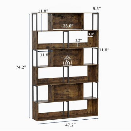 IDEALHOUSE 6-Tier Bookshelf, Tall Geometric Bookcase, Modern Room Divider & Display Shelf with Anti-Tipping Devices, Mid Century Bookshelf for Living Room - color: Brown