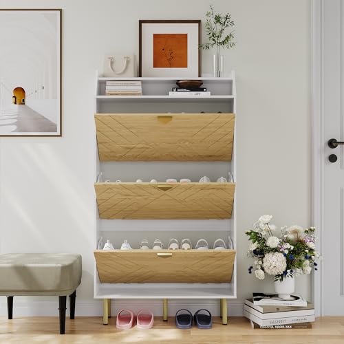 Garvee Shoe Cabinet with 3 Flip Drawers, Hidden Shoe Storage Cabinet with Shelf, Slim Wood Shoe Organizer for Hallway and Entryway, White