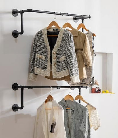 Industrial Pipe Clothing Rack, Hanging Clothes Rod, Wall Garment Rack | Heavy Duty Space Saving Clothes Bar, Metal Clothing Hanging Rails for Closet Home Bedroom Retailer Laundry, Black, 2Pcs