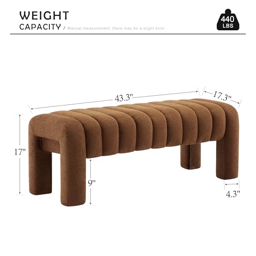 43.3" Bedroom Bench, Upholstered Brown Boucle Ottoman, Modern Tufted Dining Bench with Solid Wood Legs and Adjustable Foot Pegs for Entryway, Dining Room and Living Room (Rust Brown Boucle) - color: Rust Brown Boucle, size: 43.3"