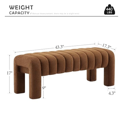 43.3" Bedroom Bench, Upholstered Brown Boucle Ottoman, Modern Tufted Dining Bench with Solid Wood Legs and Adjustable Foot Pegs for Entryway, Dining Room and Living Room (Rust Brown Boucle) - color: Rust Brown Boucle, size: 43.3"