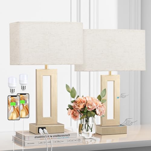 Seealle Bedroom Table Lamps Set of 2 - Beige Gold Touch Bedside Lamps with USB C+A, 3 Way Dimmable Gold Lamp for Nightstand, Modern Night Stands Lamps for Living Room - color: C. Beige&Gold, size: Medium(16.4in)